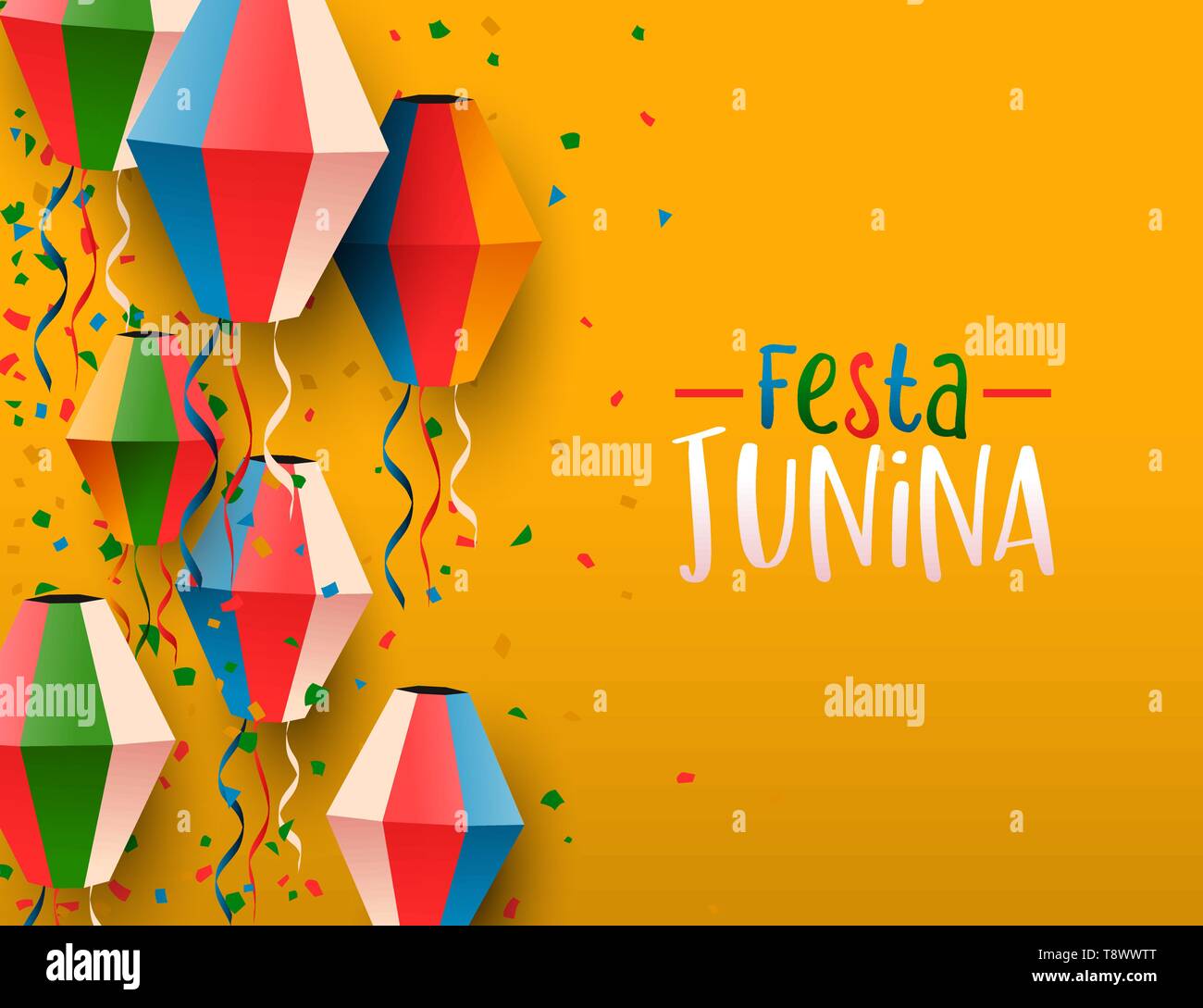 Happy Festa Junina Grußkarte Abbildung. Traditionelle Brasilien Party Dekoration von bunten Papier, Ballons und Konfetti. Stock Vektor