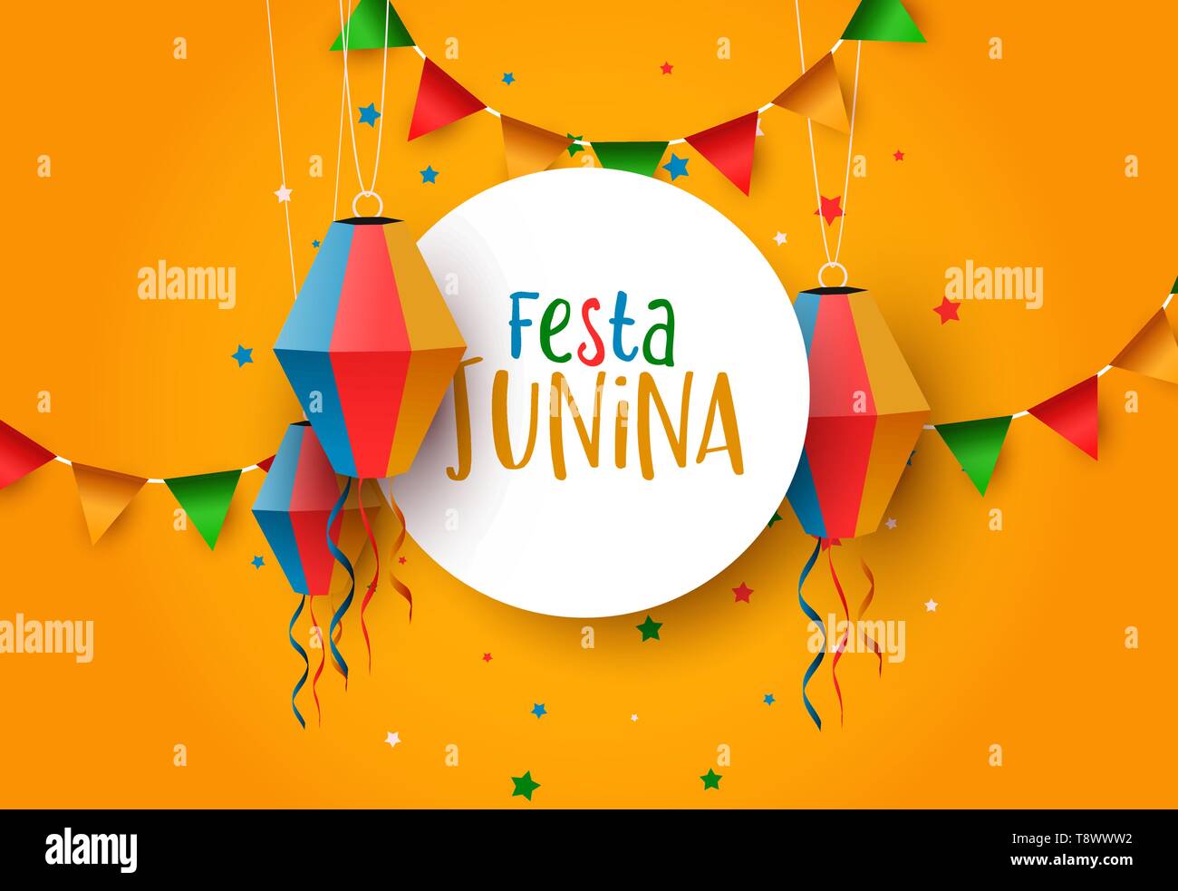 Festa Junina Feiertag Illustration. Bunte Papier Ballon und Flags für traditionelle Brasilien Feier im Juni. Stock Vektor