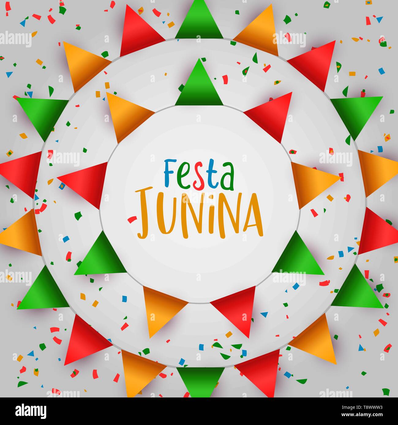 Festa Junina Feiertag Illustration. Bunte Fahnen und Papier Konfetti für traditionelle Brasilien Feier im Juni. Stock Vektor