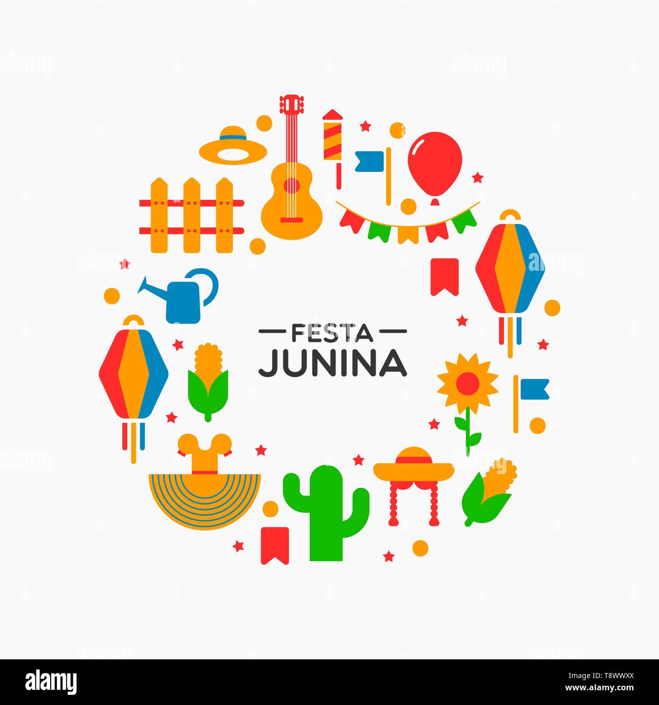 Happy Festa Junina Grußkarte Abbildung. Traditionelle Brasilien Party Dekoration im Cartoon Stil. Mit Mais, Hut, Ballons und mehr. Stock Vektor