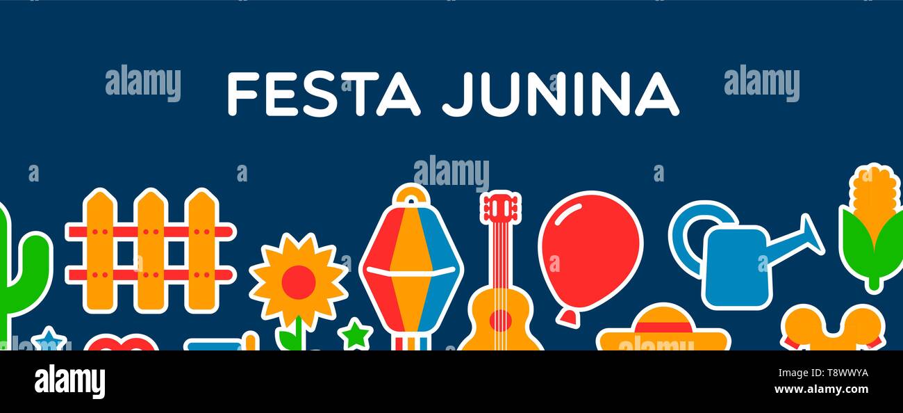 Happy Festa Junina Web Banner Abbildung. Traditionelle Brasilien Party Dekoration in bunten Flachbild Cartoon Stil. Stock Vektor