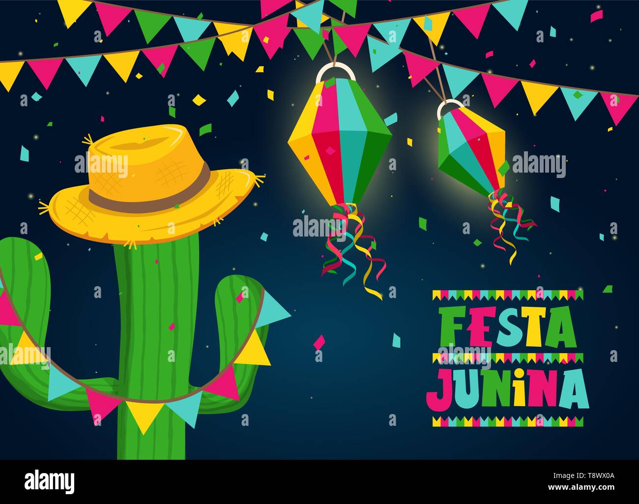 Happy Festa Junina Grußkarte Illustration für traditionelle brasilianische Fest Feier. Bunte Cactus und Strohhut mit Text zitieren. Stock Vektor