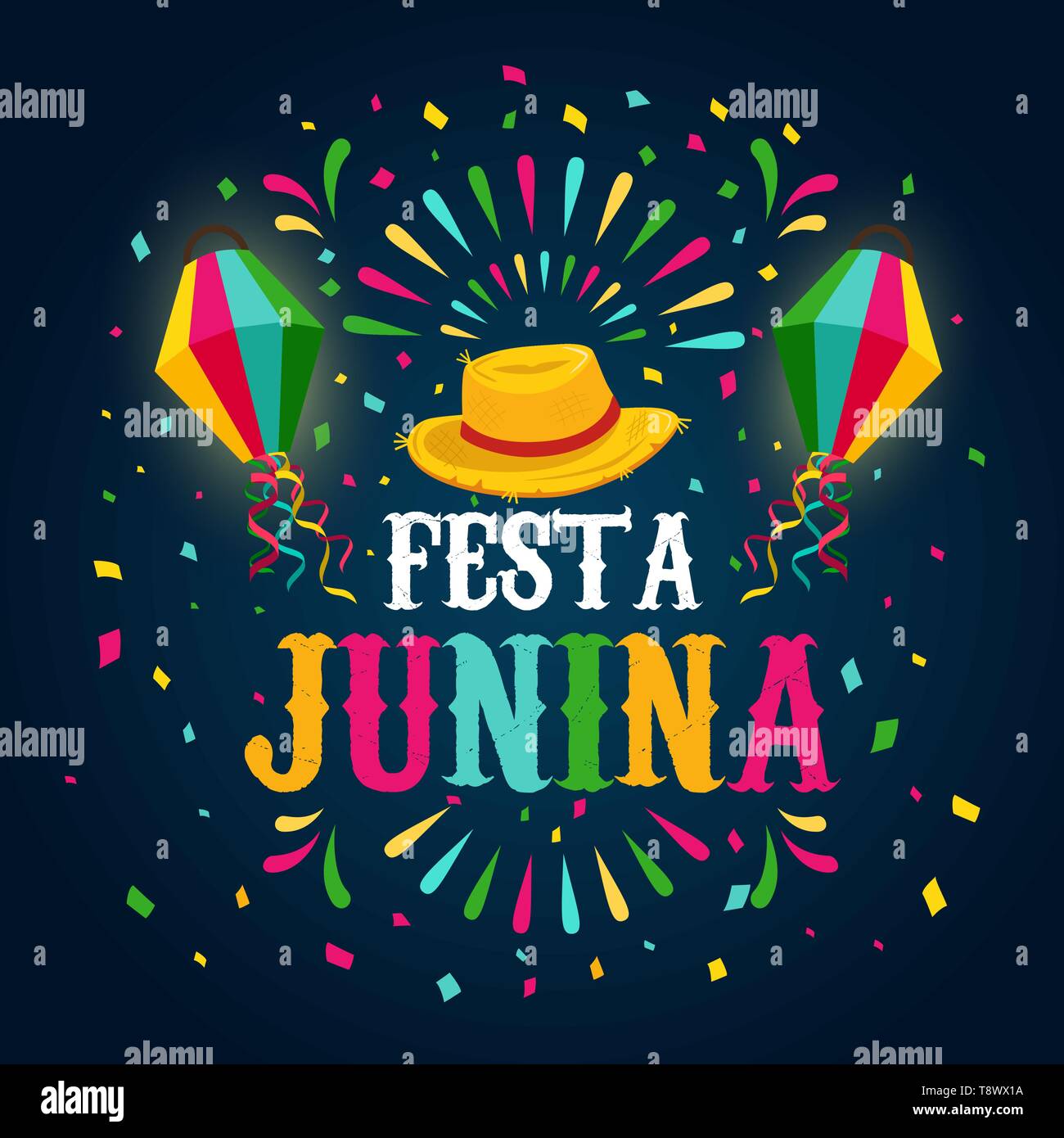 Happy Festa Junina Grußkarte Illustration für traditionelle brasilianische Fest Feier. Bunte Papier Ballon und Strohhut mit Text zitieren. Stock Vektor