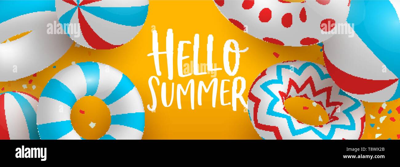 Hallo Sommer Web Banner von 3d Leben Sparer und Bälle. Bunte Poolparty oder saisonale Veranstaltung Konzept Abbildung. Stock Vektor