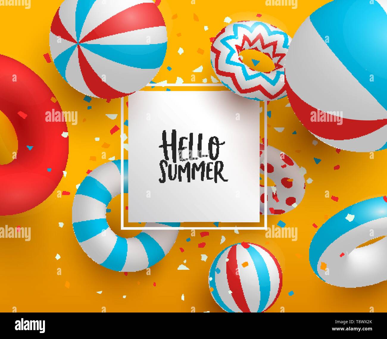 Hallo Sommer Grußkarte unterzeichnen Vorlage. Bunte Pool Party Dekoration in 3D mit Papier Label für benutzerdefinierte Sommerzeit Textnachricht. Stock Vektor
