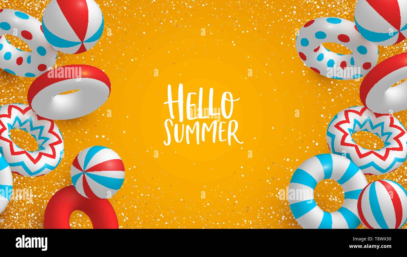 Hallo Urlaub Sommer Hintergrund von 3D-Leben Sparer und Bälle. Bunte Poolparty oder saisonale Veranstaltung Konzept Abbildung. Stock Vektor