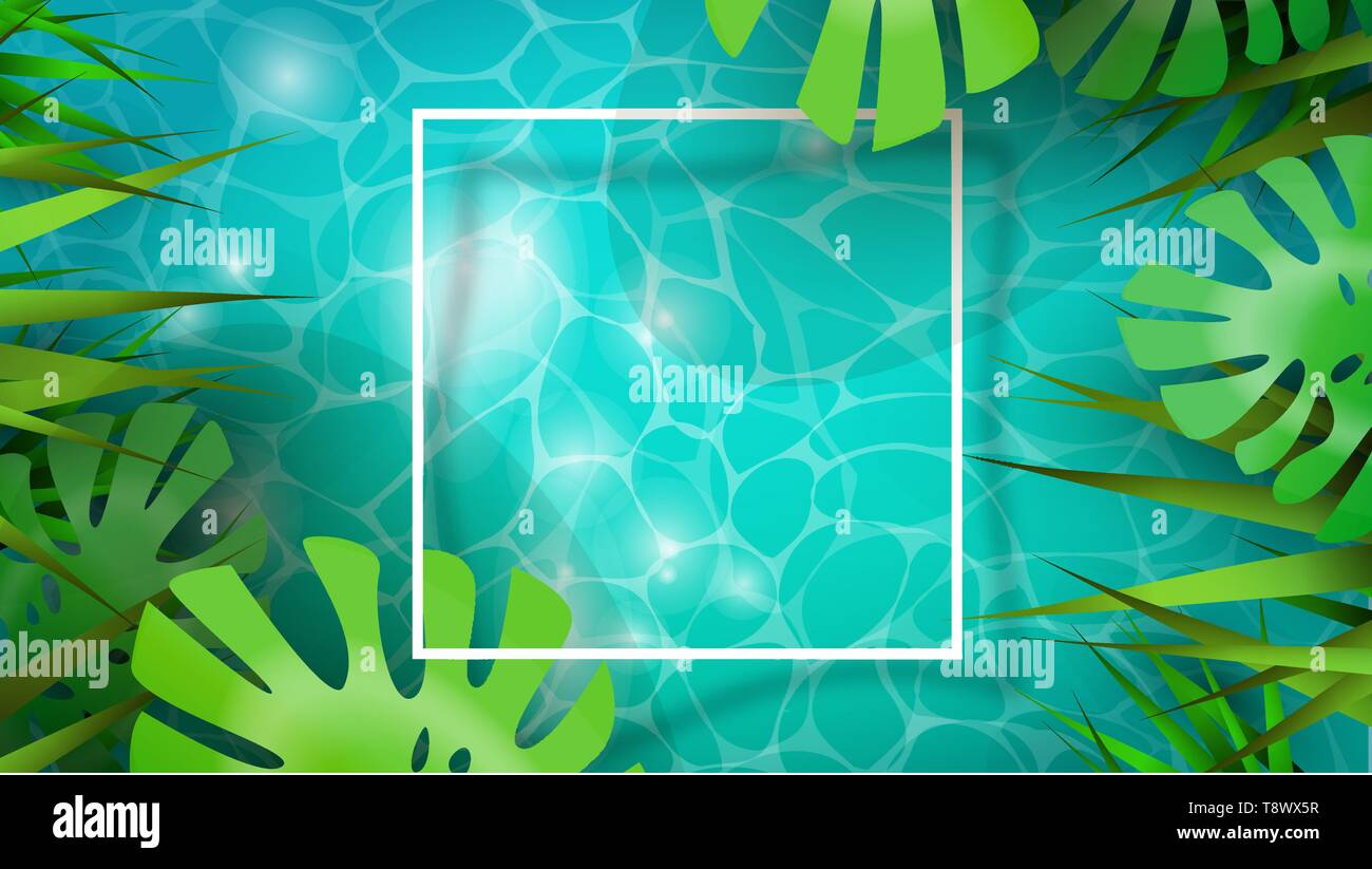 Sommersaison Hintergrund Abbildung. Weiß Kopie space frame mit tropischen Pflanze Blätter und Pool oder Strand Wasser Kulisse. Stock Vektor