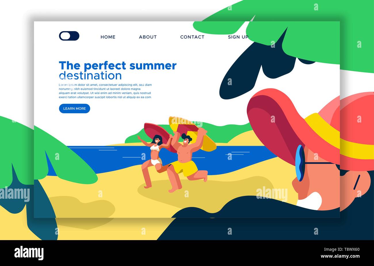 Sommer Urlaub landing page Template für online Reisebüro oder Sommer Web Promotion. Glückliche Menschen mit Surfboards in wunderschönen tropischen Strand. Stock Vektor