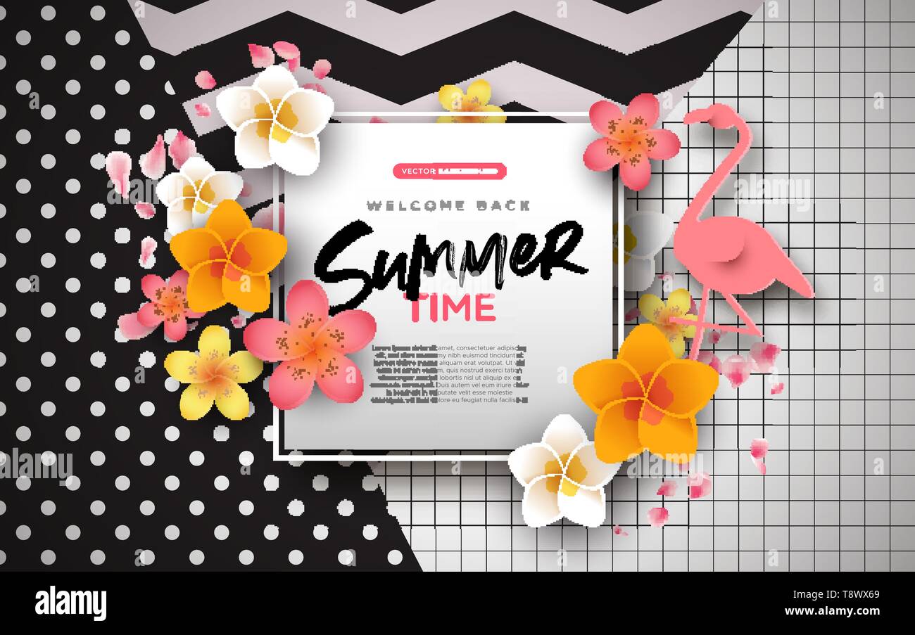 Sommer Grusskarten Hintergrund Vorlage. Bunte 3d-tropischen Blumen und Papier Flamingo mit Kopie Speicherplatz für eigene Text. Stock Vektor