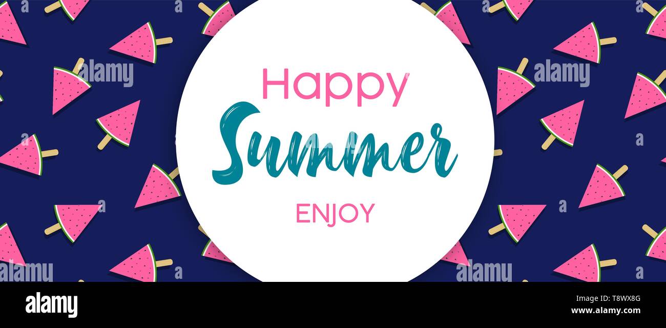 Sommersaison Web Banner Abbildung: rosa Wassermelone Fruchteis und saisonale Text zitieren. Stock Vektor