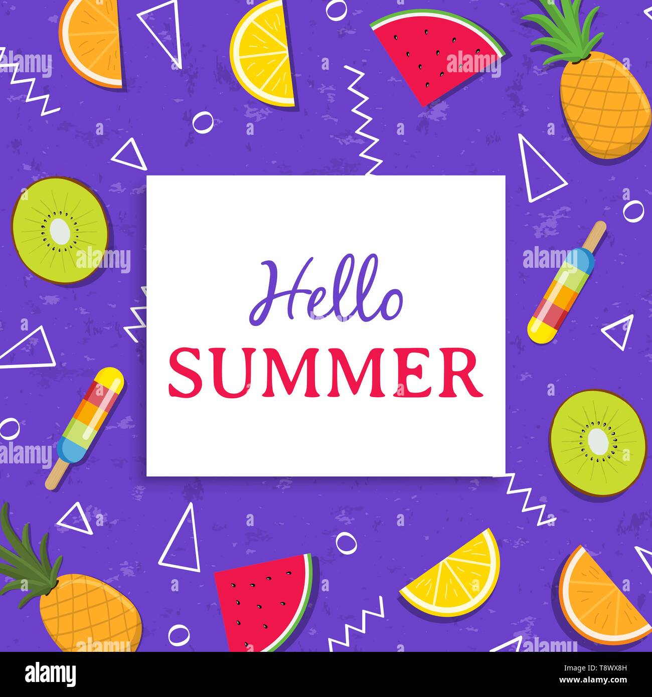 Hallo Sommer Grußkarte Abbildung von bunten tropischen Früchten Eiscreme. Mit Wassermelonen, Ananas, Kiwi, Orange Slice. Stock Vektor
