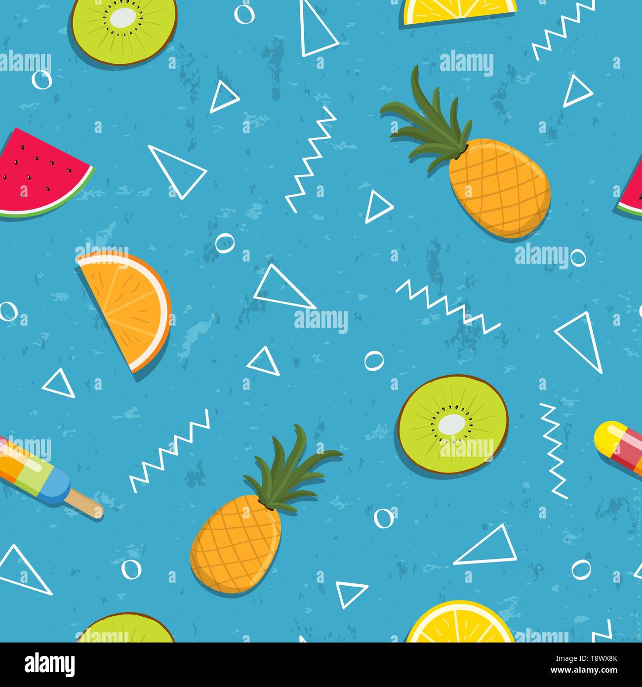 Sommersaison nahtlose Muster von exotischen tropischen Obst Eis Dessert. Bunte Wassermelonen, Ananas, Kiwi, Orange Slice Hintergrund. Stock Vektor