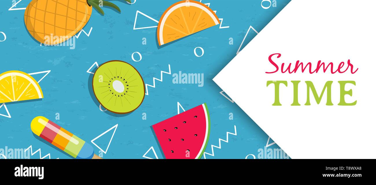 Sommer Web Banner Abbildung von bunten tropischen Früchten Eiscreme. Mit Wassermelonen, Ananas, Kiwi, Orange Slice. Stock Vektor