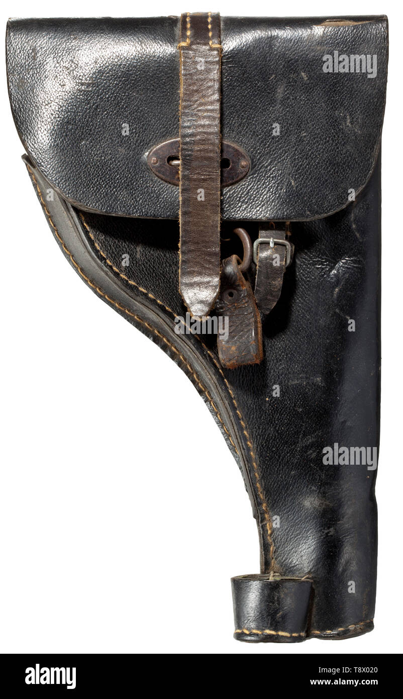 Ein Holster für Walther Armee Modell flare Pistol codiert" cvc 44', Annahme eagle/WaA ... für Manufaktur Zeschke Nachf. Gebr. L. Zeuschner, Carvoeiro, in der Nähe von Frankfurt/O. Aus Leder Ersatzmaterial (pressspan) gemacht, langlebige Teile in Leder. Halter für reinigungsstab. Nähte in Auftrag. Eine seltene Maker! Die Codierung in der Abdeckung. Enthalten sind zwei tragen Haken für die flare Pistolenmunition Beutel. historischen, historische, 20. Jahrhundert, Editorial-Use - Nur Stockfoto