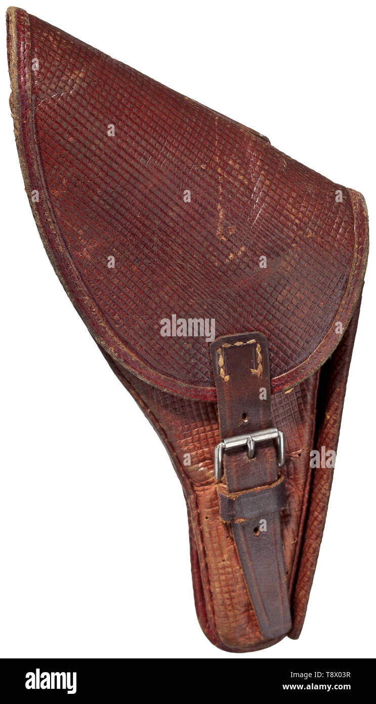 Ein Gasser Zentrum - Feuer Revolver mit Holster, ca. 1885 Kal. .320 bzw.. 7 mm CF, nein. 5020. Achteckiger Lauf, 6-Nut Bohrung, Länge 78 mm. Gesamtlänge 175 mm. Sechs Schüsse. Verschiedene Teile mit Montage. 3. Keine weiteren Inschriften oder Briefmarken. Single Action. Voll gravierte Modell, am Zylinder heart-shaped. Original blau-schwarz Hochglanz finish weitgehend erhalten. Hammer und Trigger gelb. Glatte Elfenbein Griff Panels aufgrund alter verfärbt. Mit Holster für Revolver ist ein Offizier, kleines Modell mit dem Schließen der Schnalle. Braunes Leder mit, Additional-Rights - Clearance-Info - Not-Available gesäumt Gerippt Stockfoto