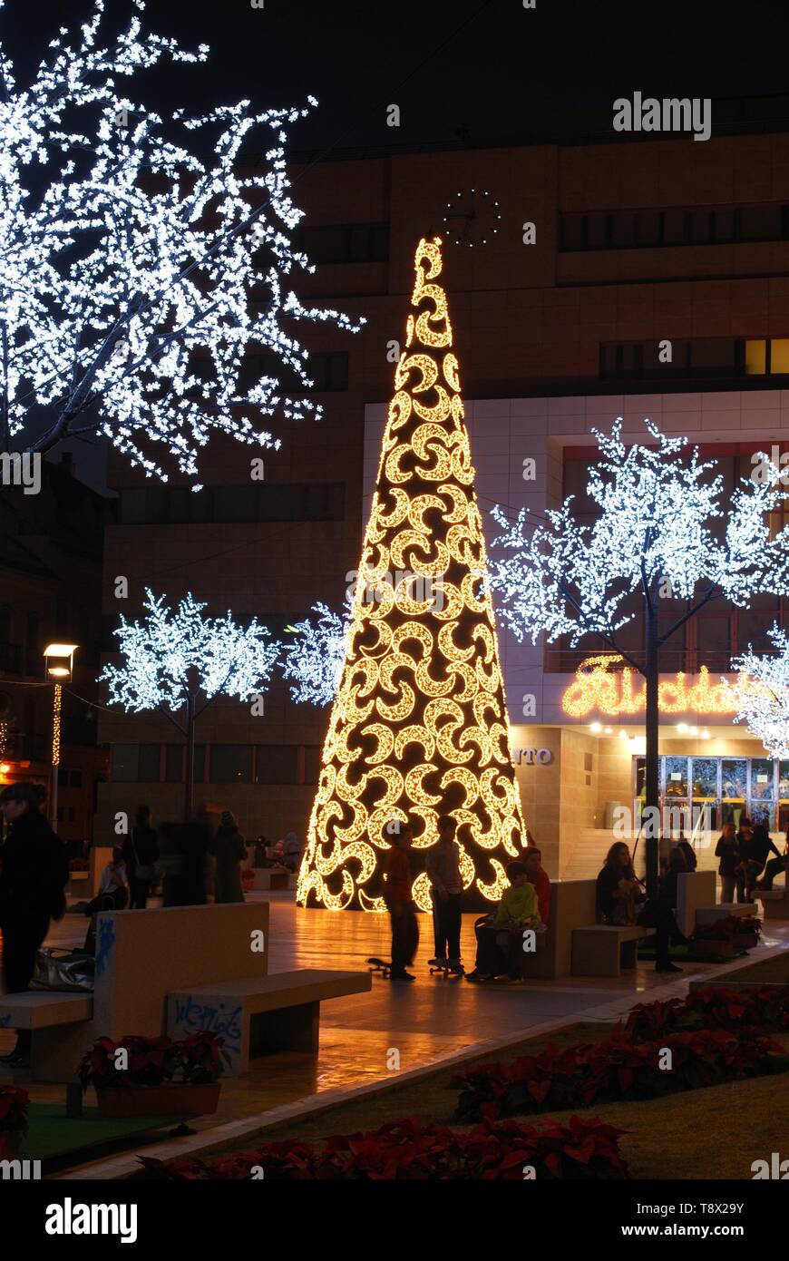 Konische Weihnachtsbaum mit Mond Dekorationen mit dem Rathaus (Ayuntamiento) hinten an der Nacht, Fuengirola, Spanien. Stockfoto