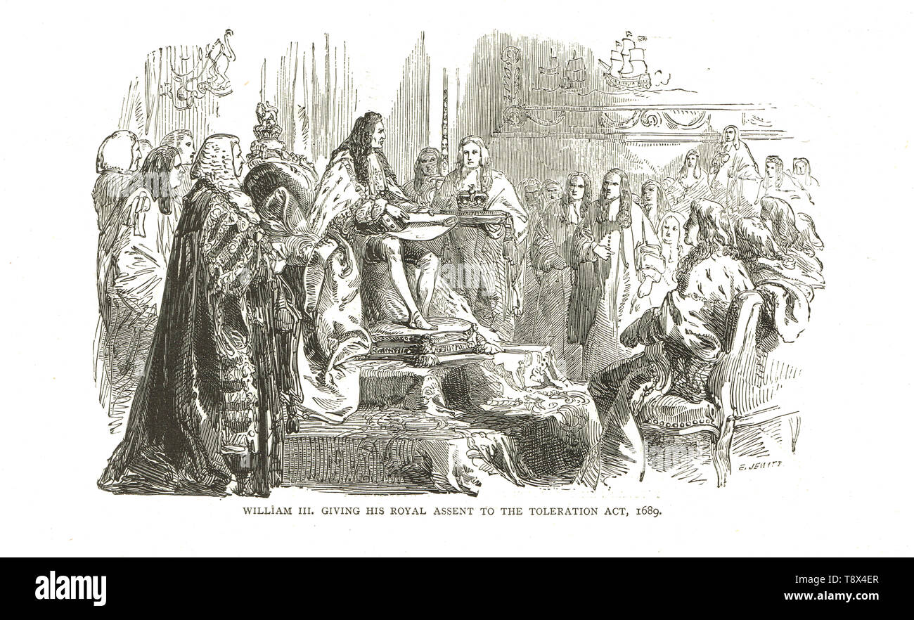 Wilhelm III. die Unterzeichnung der Duldung Act von 1689, die Freiheit der Religionsausübung zu nonkonformisten Stockfoto