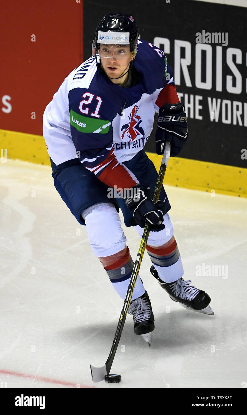 Kosice, Slowakei. 15 Mai, 2019. Eishockey: WM, USA - Großbritannien, Vorrunde, Gruppe A, 4.Spieltag in der Arena. Großbritanniens Mike Hammond in Aktion. Credit: Monika Skolimowska/dpa-Zentralbild/dpa/Alamy leben Nachrichten Stockfoto