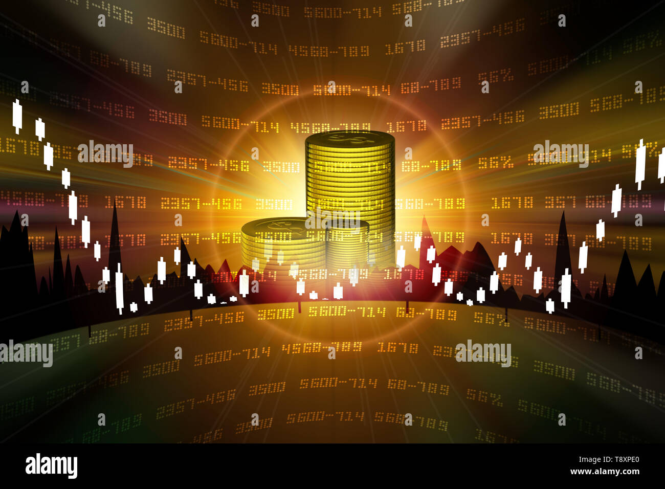 Goldmünzen mit finanzieller Aktienchart Stockfoto