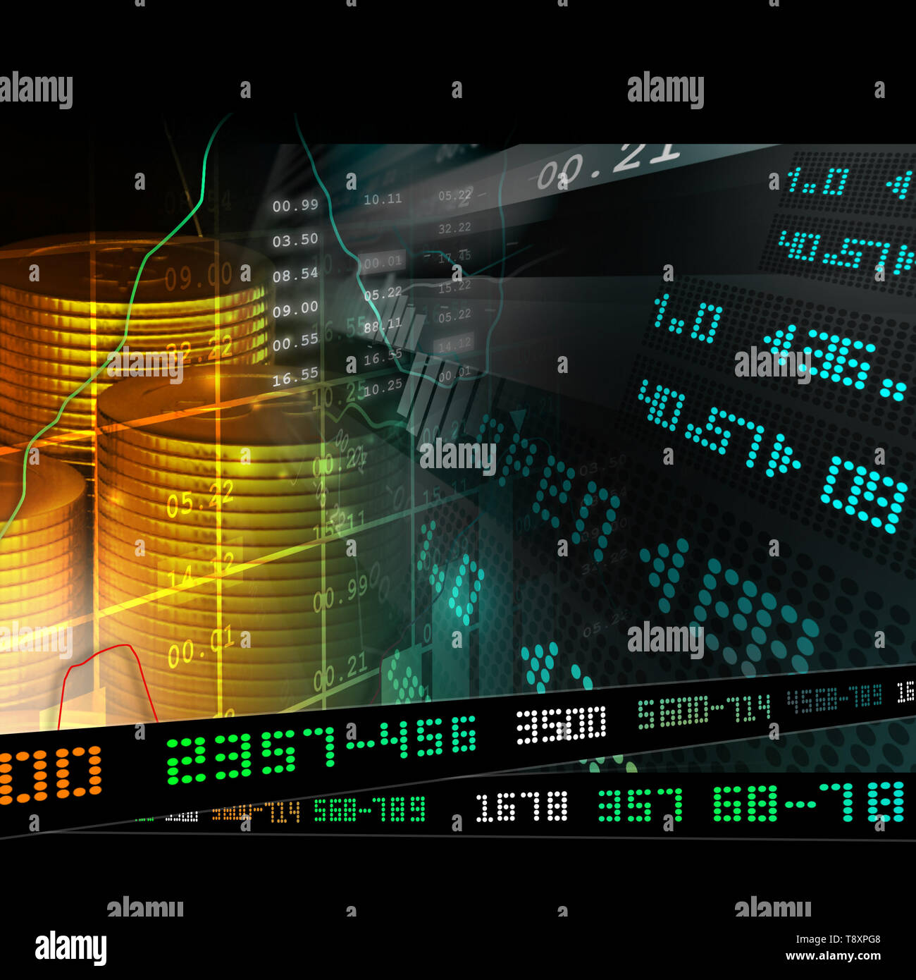 Goldmünzen mit finanzieller Aktienchart Stockfoto