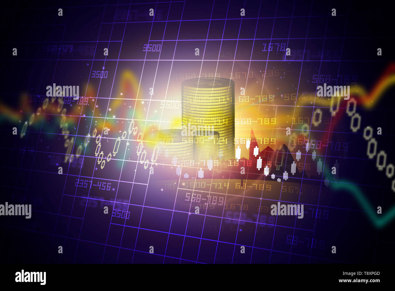 Goldmünzen mit finanzieller Aktienchart Stockfoto