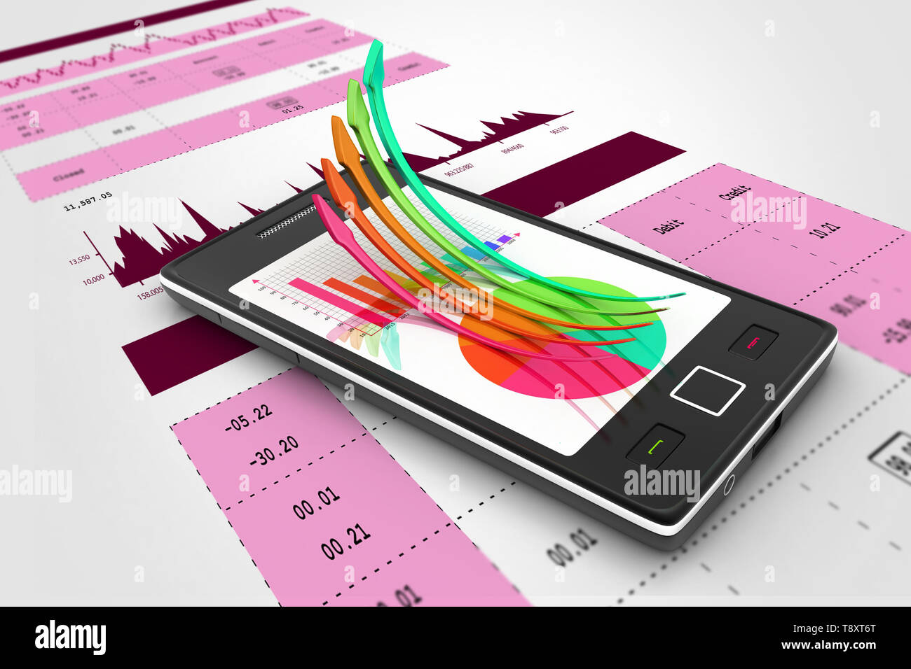 Smart-Phone zeigt ein Wachstum Diagramm und ein Kreisdiagramm Stockfoto