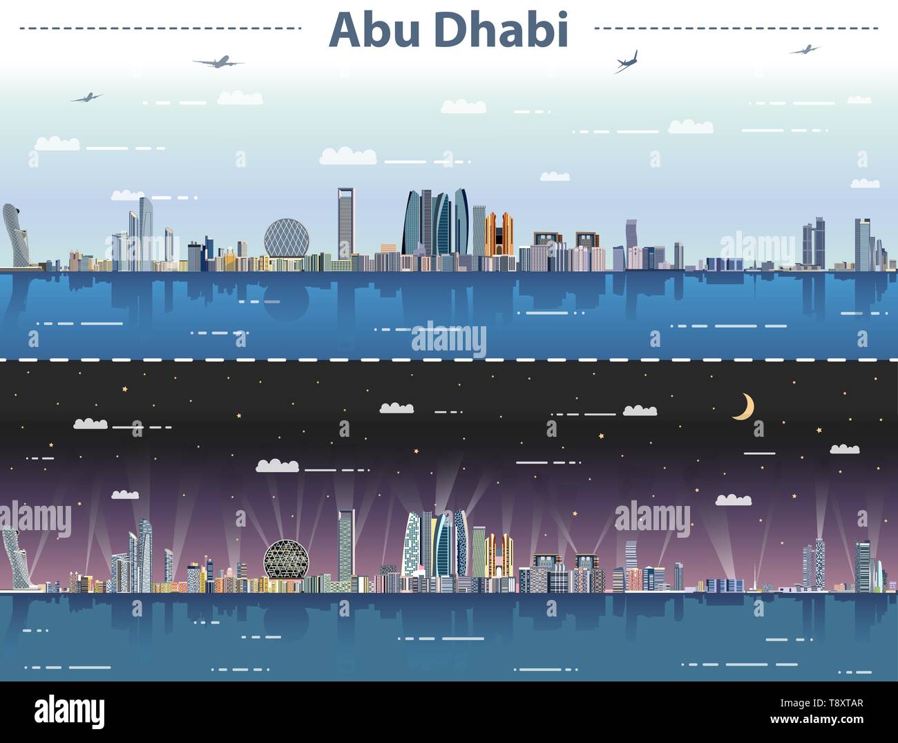 Abu Dhabi City Skyline bei Tag und Nacht Vector Illustration Stock Vektor