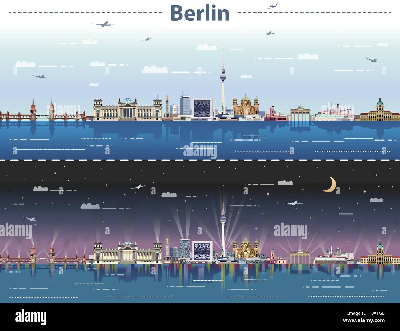 Berlin City Skyline bei Tag und Nacht Vector Illustration Stock Vektor