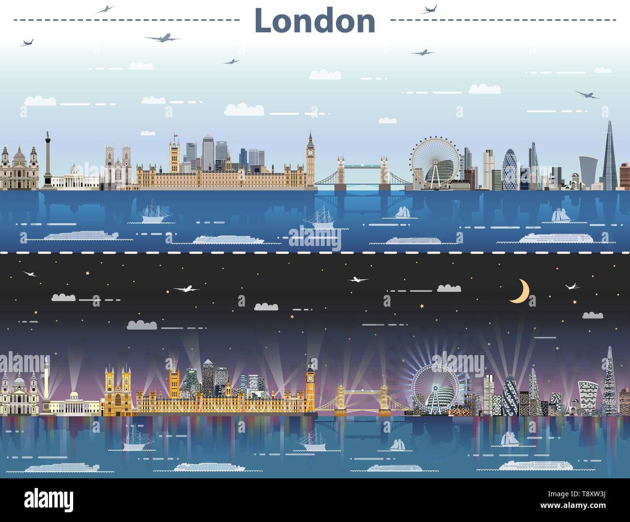 London City Skyline bei Tag und Nacht Vector Illustration Stock Vektor