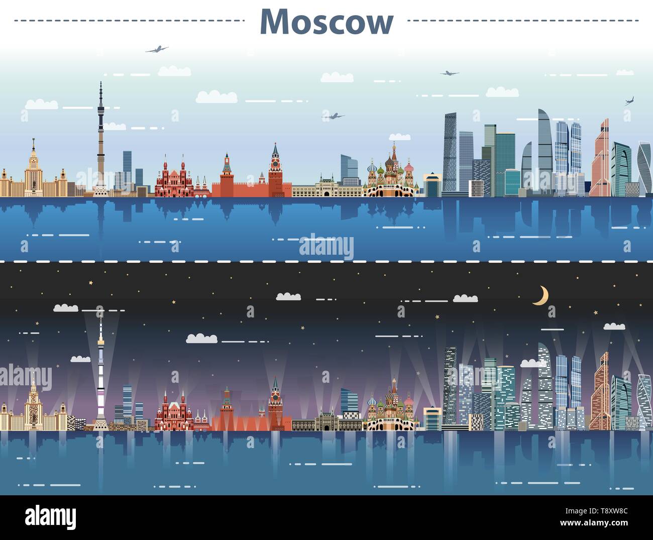 Moskau City Skyline bei Tag und Nacht Vector Illustration Stock Vektor