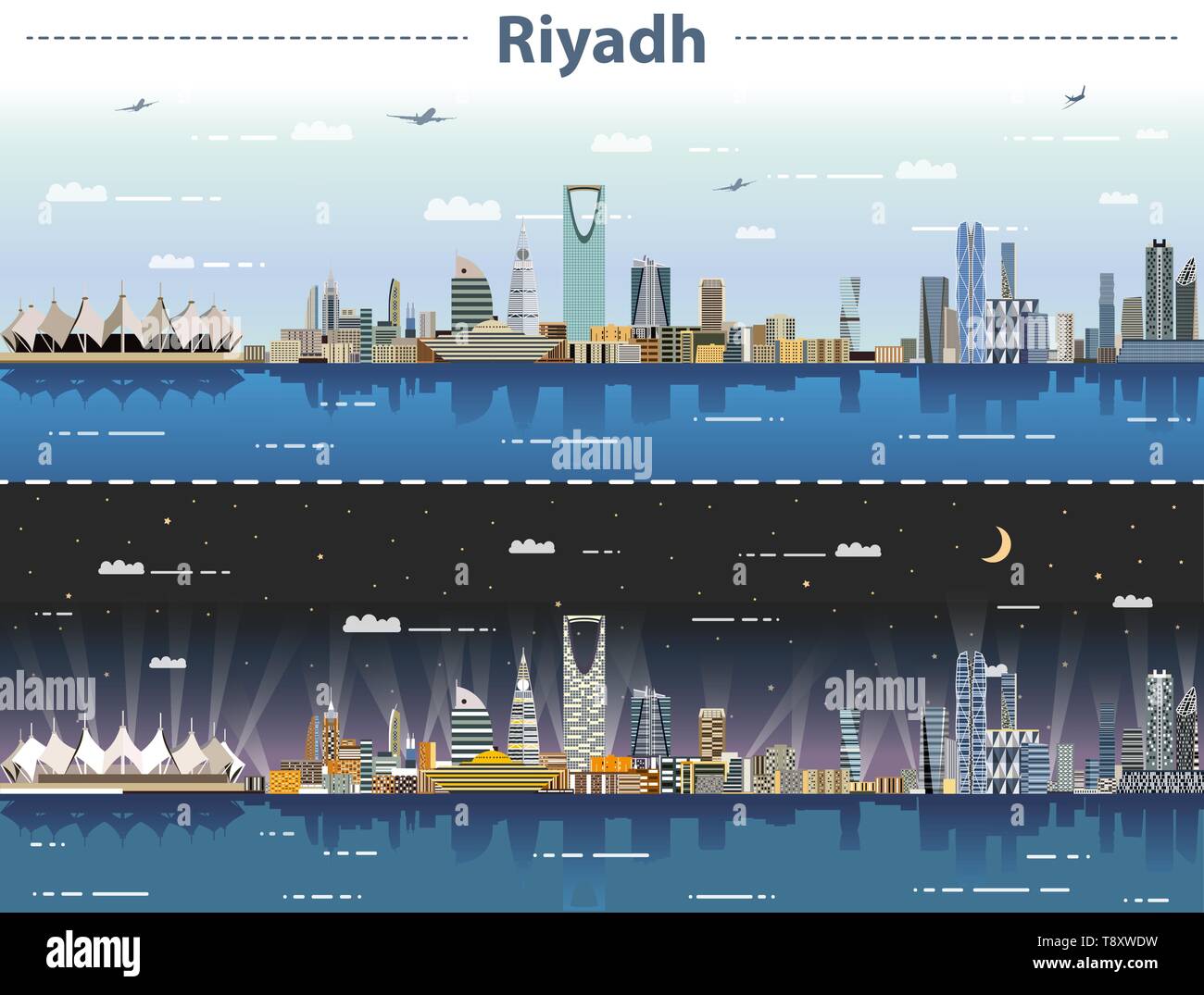Riyadh City Skyline bei Tag und Nacht Vector Illustration Stock Vektor