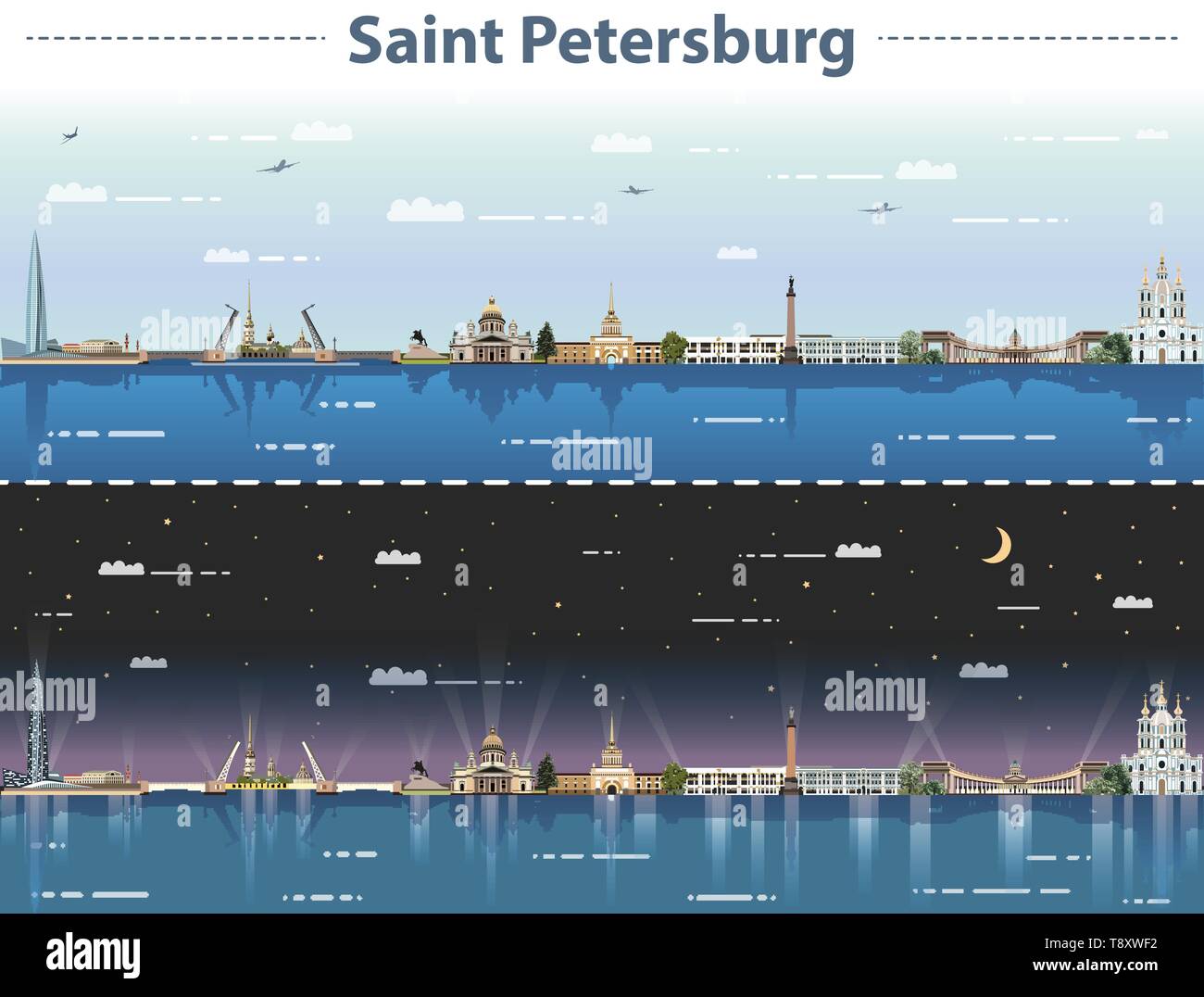 Sankt Petersburg Skyline der Stadt bei Tag und bei Nacht Vector Illustration Stock Vektor