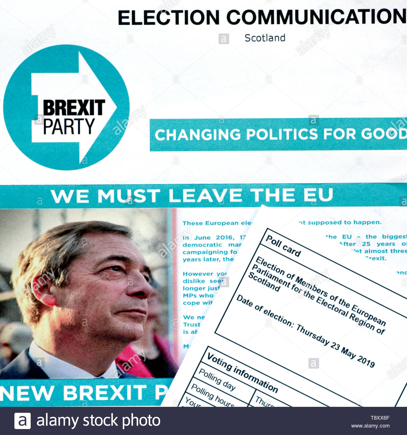Die Brexit Partei Wahlen zum Europäischen Parlament 2019 Kampagne Faltblatt und polling Karte Stockfoto