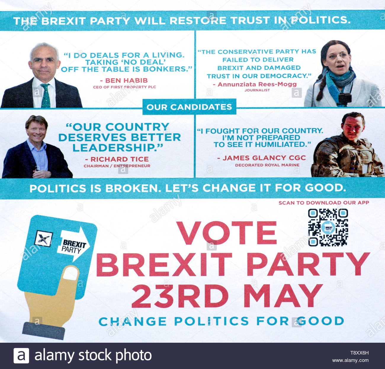 Die Brexit Partei Wahlen zum Europäischen Parlament 2019 Kampagne Packungsbeilage Stockfoto