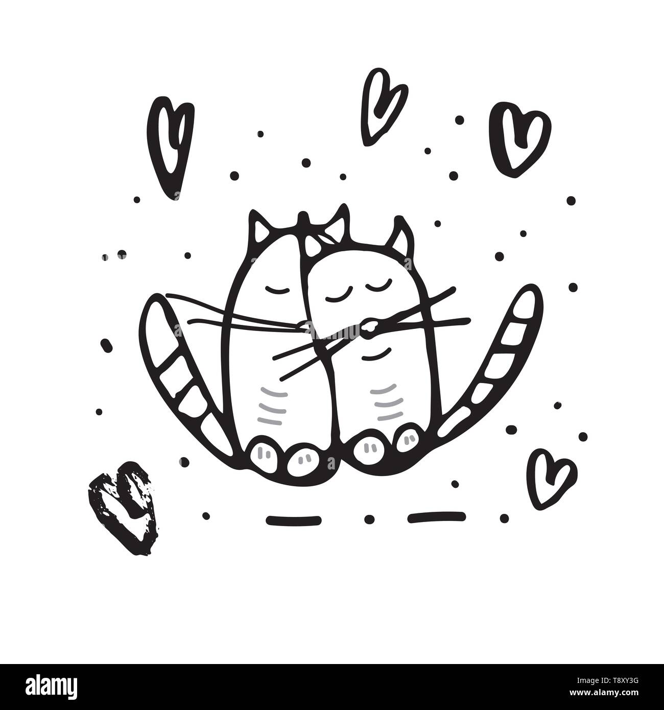 Zwei hug Katzen mit Herz Dekoration in doodle Stil. Happy Valentines Tag Grußkartenvorlage. Vector Illustration. Stock Vektor