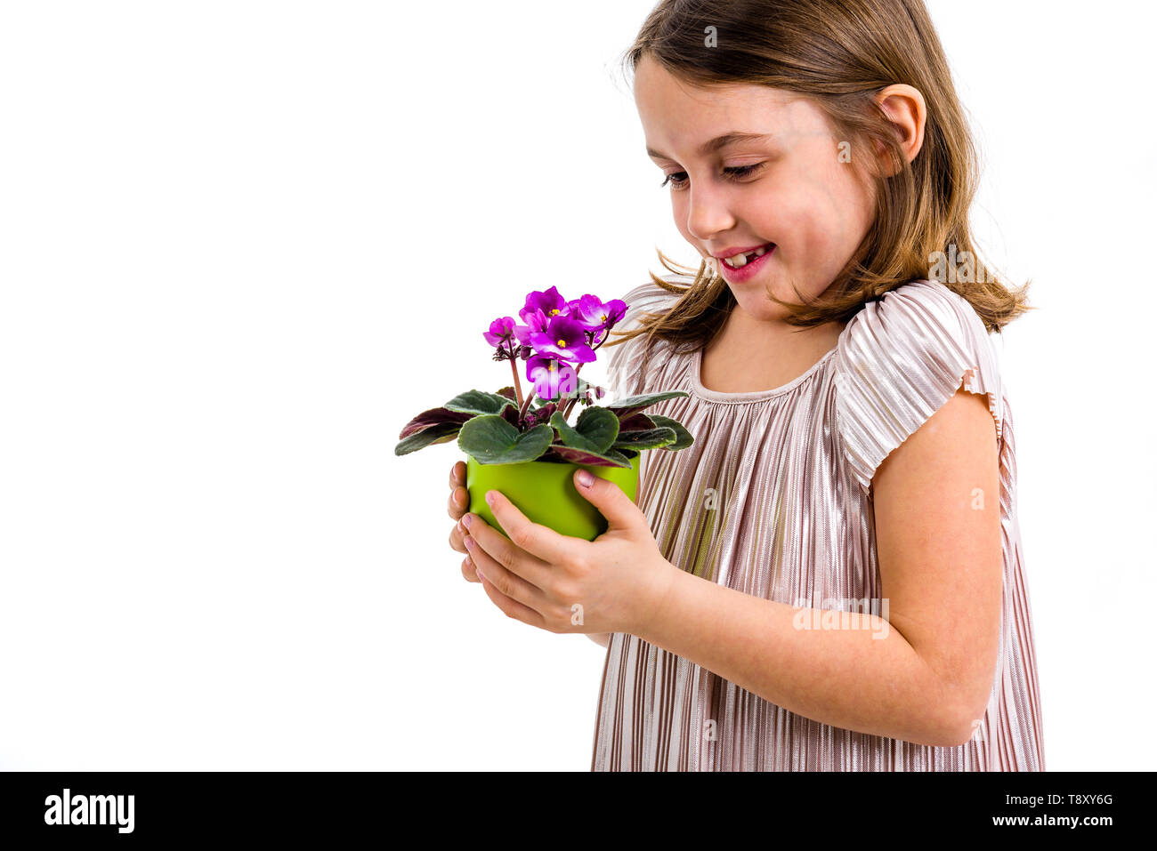 Kleines Mädchen riechen viola Blumen in grün Topf. Kind ist riechenden Blumen als Geschenk oder zu präsentieren. Profil ansehen, studio Shot, auf weissem Ba isoliert Stockfoto