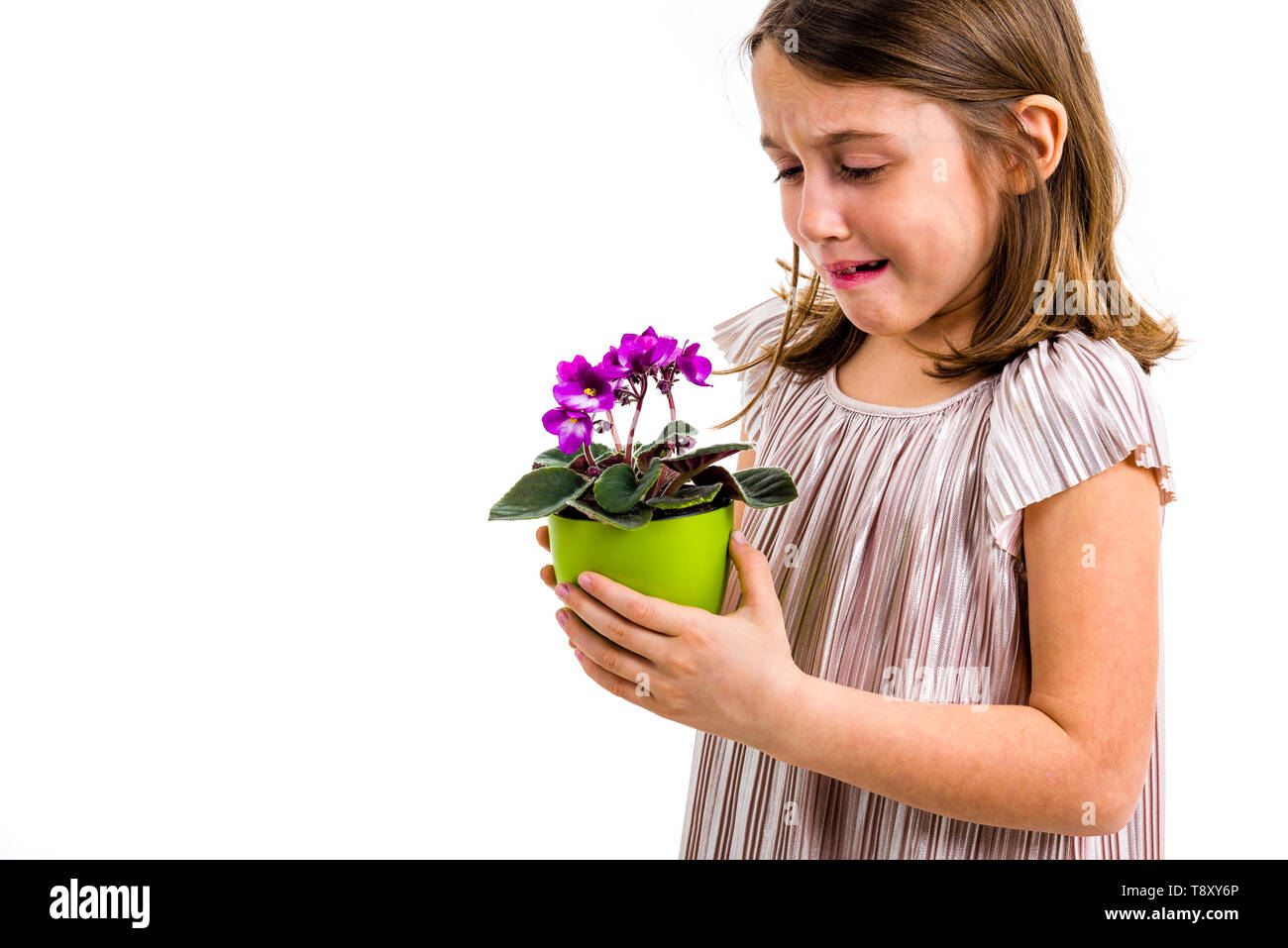 Traurige junge Mädchen mit Blumentopf Trauer Familie Verlust. Kind trauern über den Verlust lieben. Mädchen im Flower Pot suchen, trauriges Gesicht und schrie. Pr Stockfoto