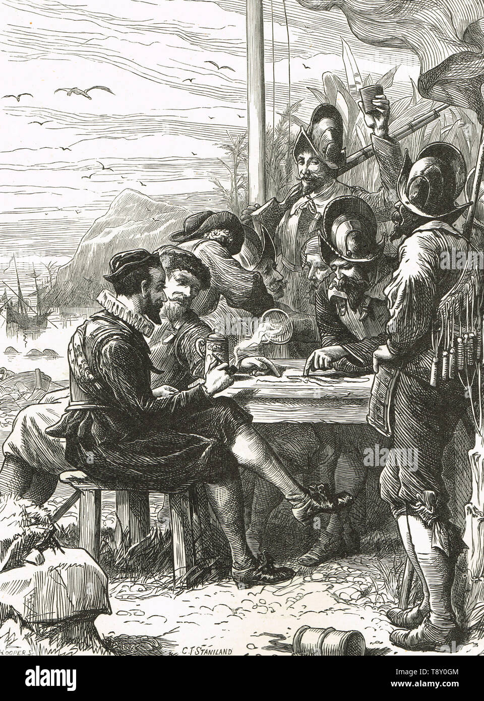 Walter Raleigh in Trinidad erhalten Informationen von spanischen Soldaten über Guina, während der El Dorado Expedition, 1595 Stockfoto