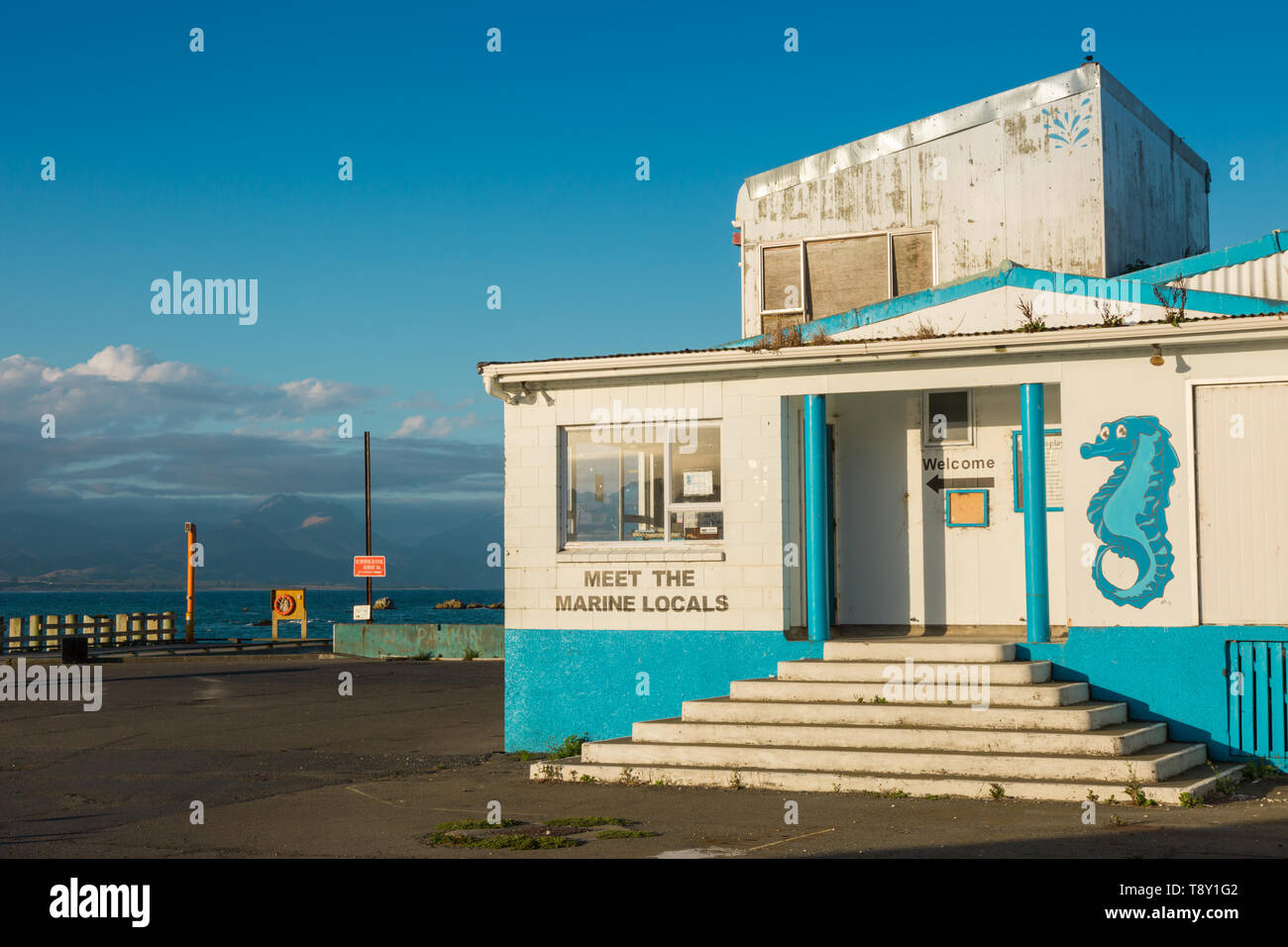 Die Kaikoura Marine Center und Aquarium wurde nach den 7.8 - Größe Katastrophe im November 2016 geschlossen. Kaikoura, Neuseeland Stockfoto