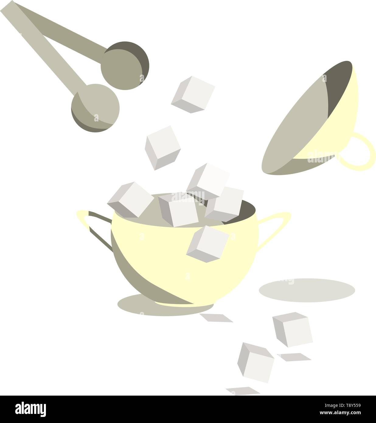 Sugar Bowl und Zange mit würfelzucker Close-up. Flat Style Vector Illustration Stock Vektor