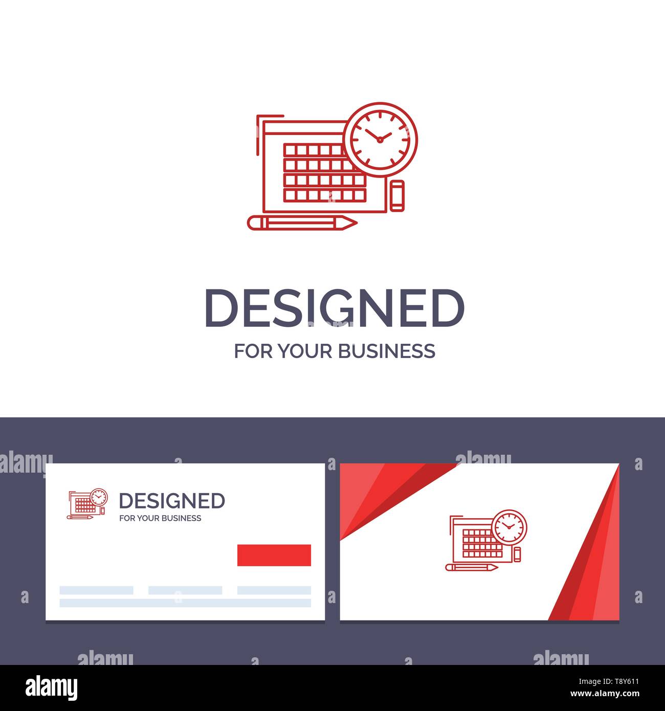 Creative Business Card und Logo Vorlage Zeit, Datei, Stift, Schwerpunkt Vector Illustration Stock Vektor