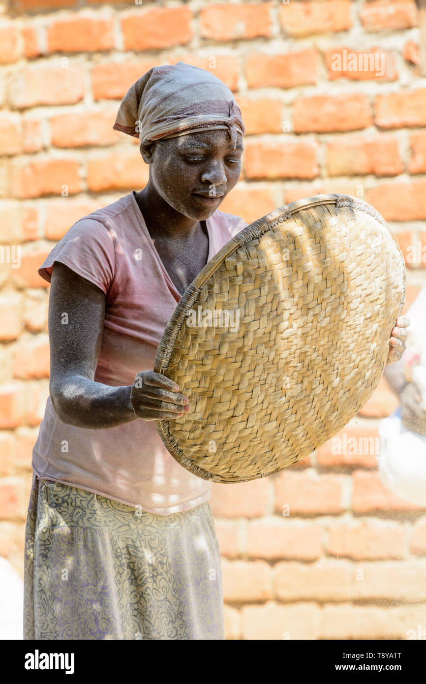 Portrait einer jungen Malawische Frau worfeln Mais und in weißen Staub, Dedza abgedeckt, Malawi Stockfoto