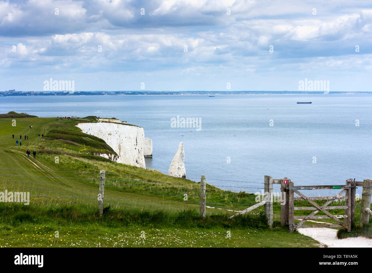 Anzeigen von Studland, alte Harry, Handfast Punkt, Ballard, Isle of Purbeck, Jurassic Coast, Dorset. Hölzerne Tor geschlossen. Stockfoto