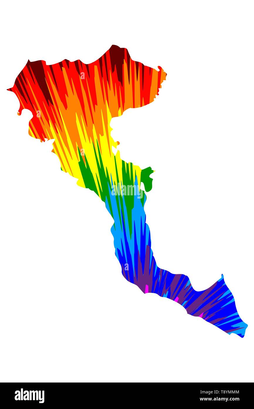 Korfu - Karte ist Rainbow abstrakte farbenfrohe Muster entworfen, Kerkyra Insel Karte aus Farbe Explosion, Stock Vektor