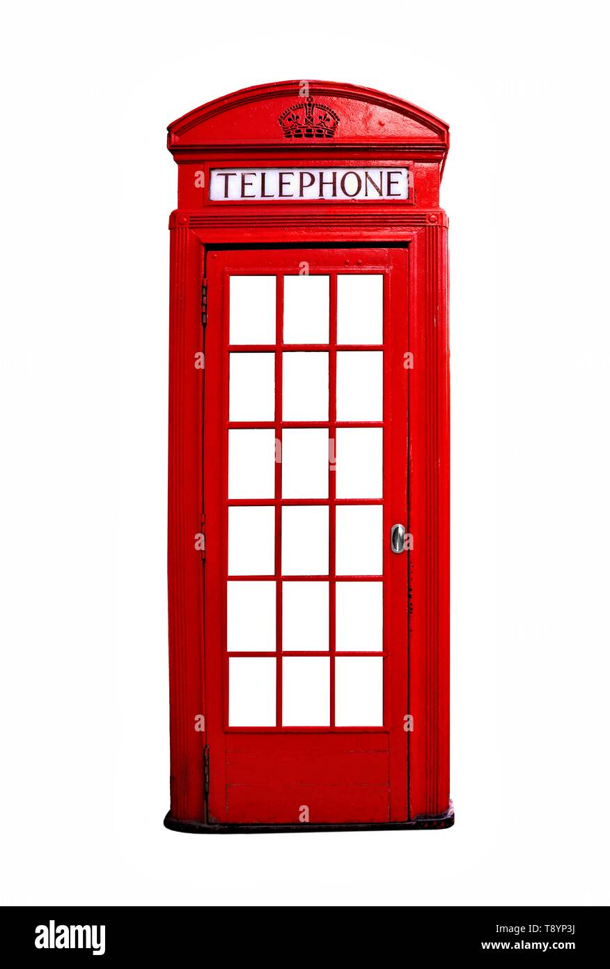 Iconic red Britische Telefonzelle auf weißem Hintergrund Stockfoto
