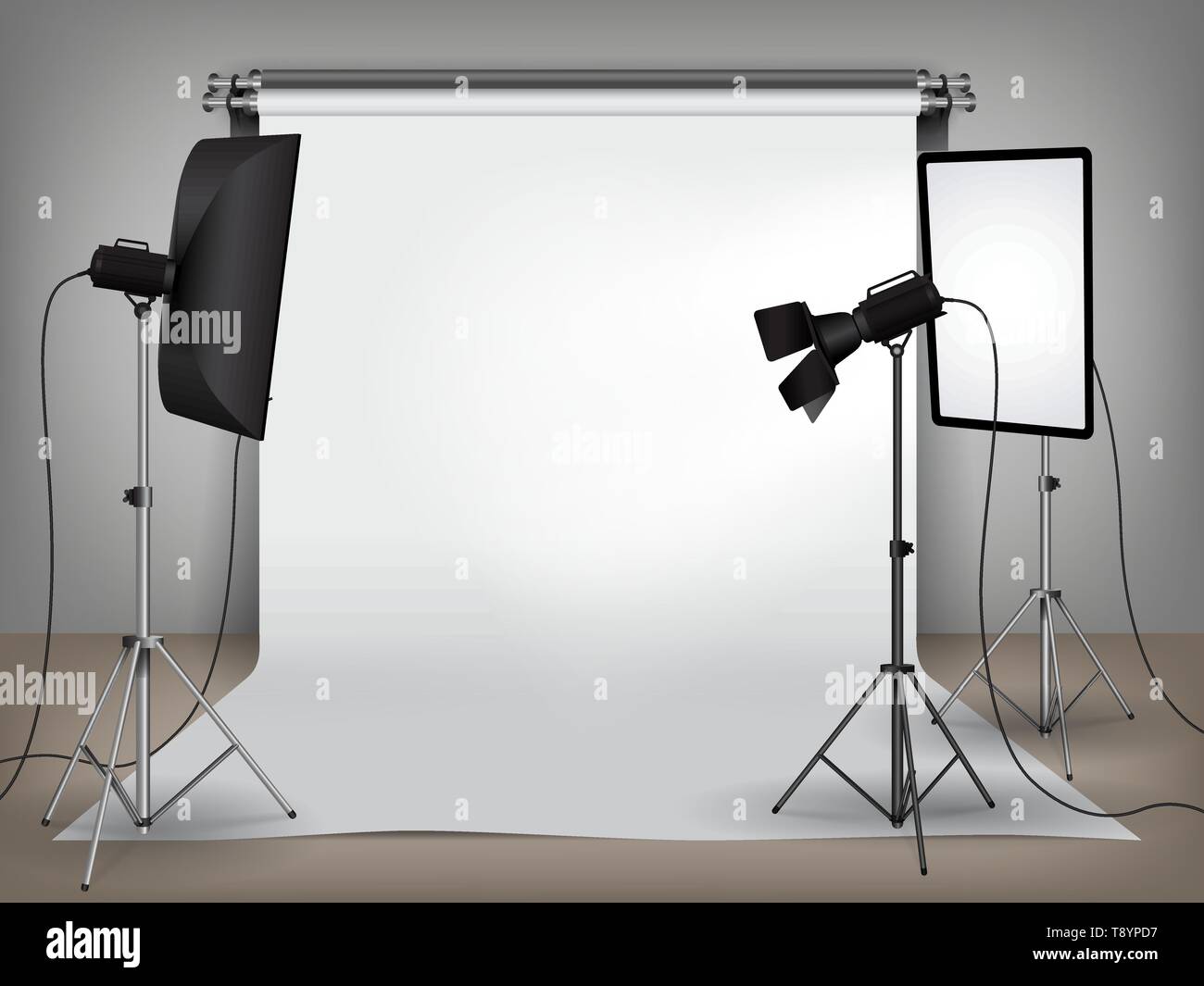 Realistische Photo Studio mit Beleuchtung und weiße Kulisse Stock Vektor