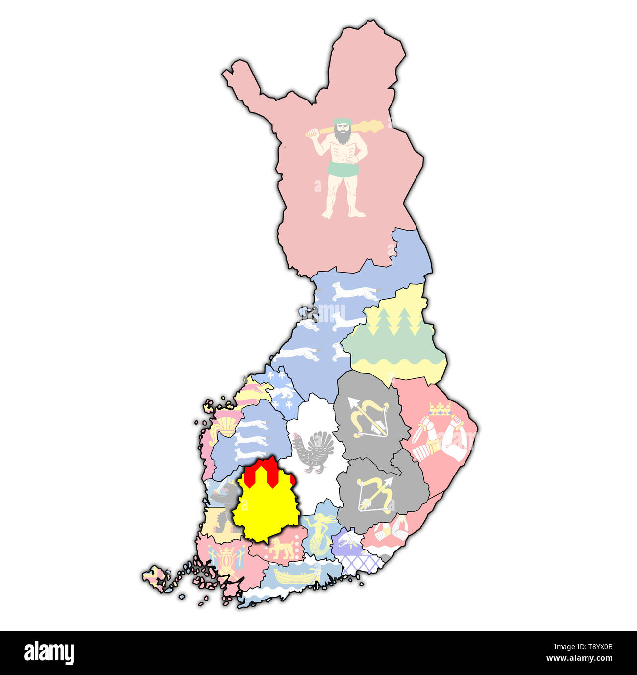 Gebiet von Pirkanmaa Region auf der Karte von administrativen Abteilungen der Finnland mit Freistellungspfad Stockfoto
