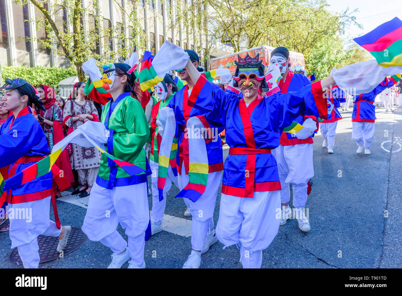 Koreanisch-Kanadier feiern in Kanada 150, Canada Day Parade, Vancouver, Britisch-Kolumbien, Kanada. Stockfoto