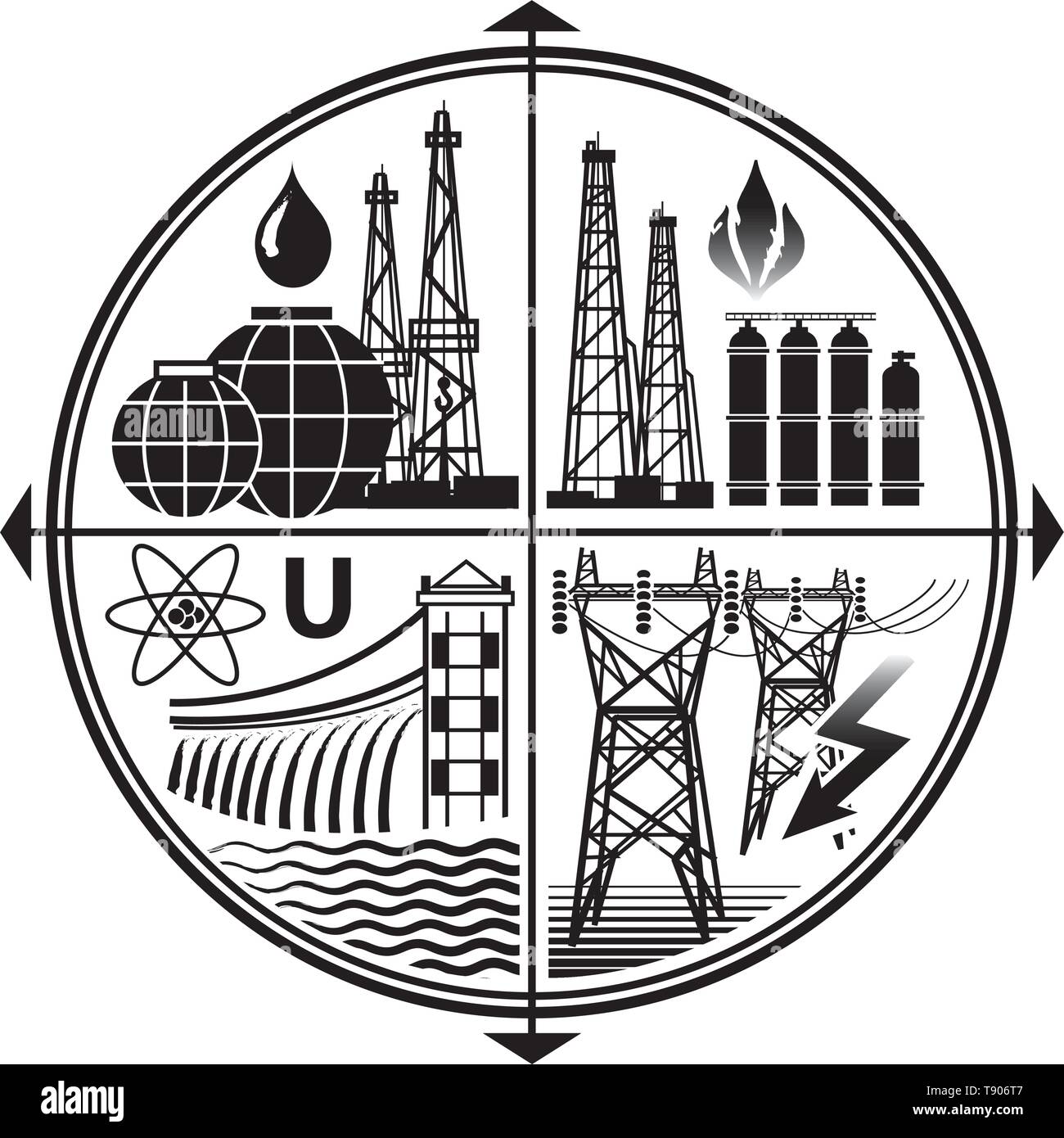 Energie Ressourcen: Öl, Gas, Elektrizität, Kernenergie und Wasserkraft. Industrie Emblem der Energiegewinnung & Brennstoff fossilen Technologien. Stock Vektor