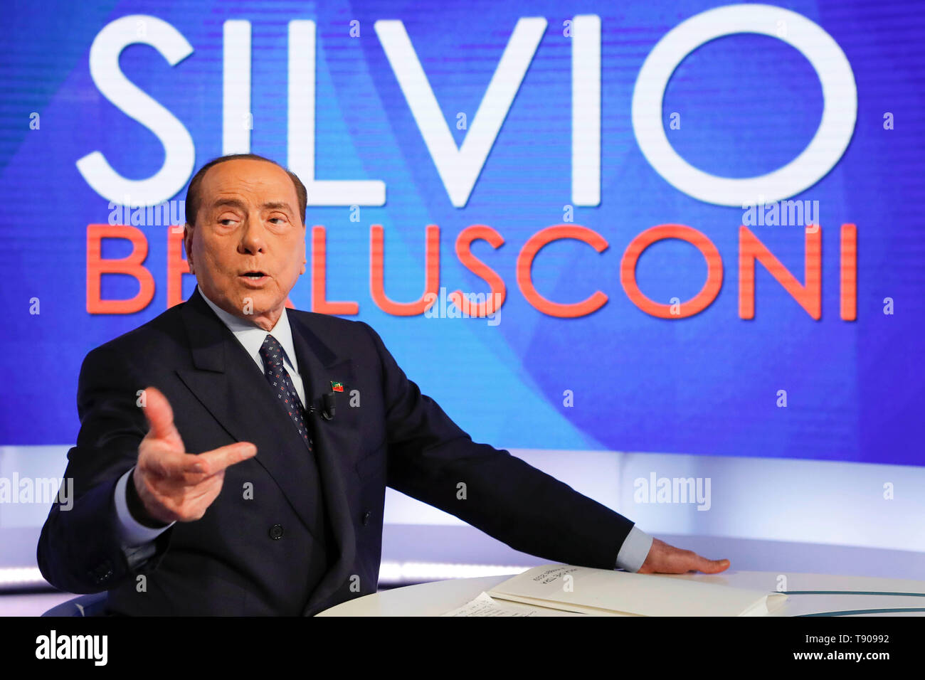 Italien, Rom, 14. Mai 2019: Silvio Berlusconi, der Führer der "Forza Italia" Partei, nimmt an Talk Show tv' L'aria che Tira' auf La 7 tv. Foto Remo Stockfoto